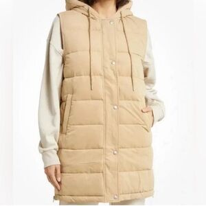 Zella Long Hooded Puffer Vest- Tan